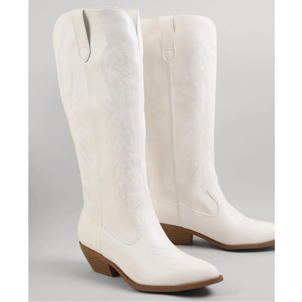 White Knee High Embroidered Cowboy Boots - Picture 4 of 11